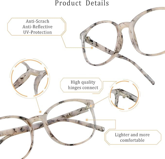 LifeArt Round Blue Light Blocking Glasses, Computer Glasses, Gaming Glasses, TV Glasses for Women Men (Marble, 0.50 Magnification)