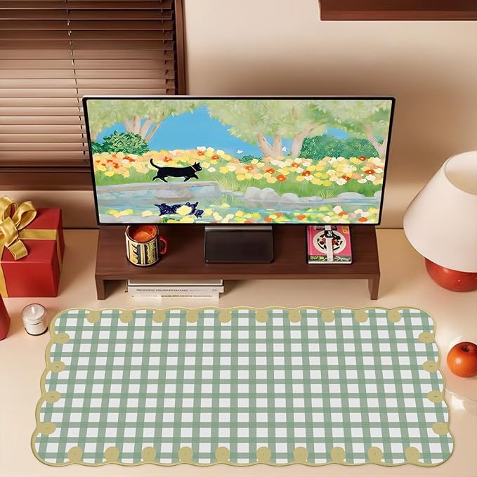 Cute Green Scalloped Desk Mat Checkered Large Mouse Pad Kawaii Vintage Farmhouse-Inspired Rustic Cottagecore Office Desk Decor Stitched Nonslip Pad for Computer Keyboard & Mouse 31 * 15.7in