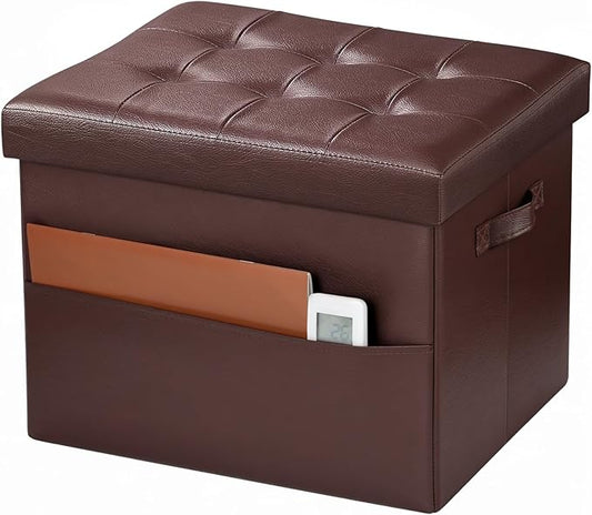 Bsketa Storage Ottoman Foot Rest Stool, Small Leather Storage Ottomans Bench, Folding Foot Stool with Handles Lid, Foot Rest Under Desk for Living Room Bedroom, 17x13x13 in, Brown