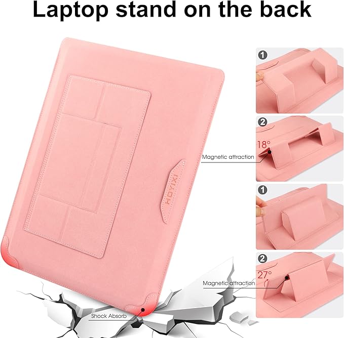 HoYiXi 14 Inch Laptop Sleeve Case Leather Bag with Stand Compatible with Mac Book Pro 14 2021/ASUS Vivobook 14/HP Pavilion X360/IdeaPad 14/Dell HP ASUS Acer Huawei Matebook 14'' PC, Pink