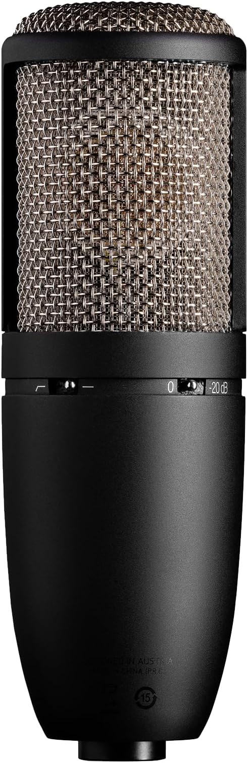 AKG Pro Audio P420 Multi-Pattern Condenser Microphone with Shock Mount and Case. Great for ensemble recording, grand piano, woodwind, brass instruments, drums and percussion. Black and Gold.