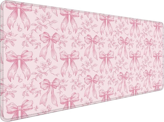 Coquette Pink Floral Large Mouse Pad 31.5x15.7inch, Trendy Girly Pink Bow Peony Flower Aesthetic Large Extended Computer Desk Mat Mousepad for Keyboard and Mouse, Preppy Desk Accessories