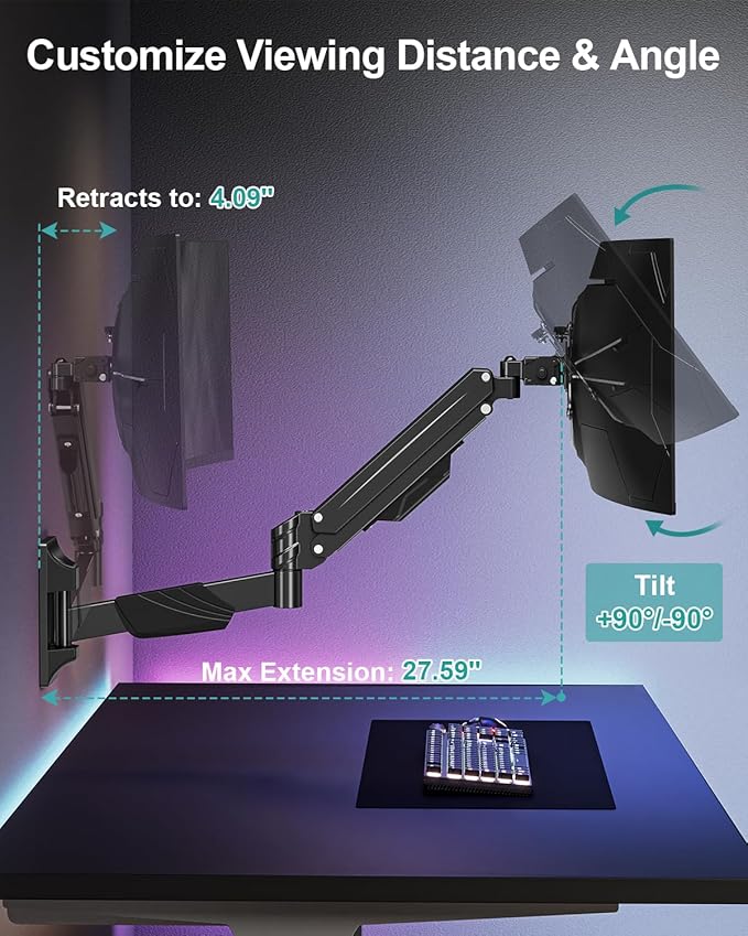 MOUNT PRO Monitor Wall Mount for 17-43" Ultrawide Screens, Single Wall Mount Monitor Arm Holds up to 33.1 lbs, Full Motion Adjustable Wall Bracket with VESA Extension Kit, VESA Mount Max 200x200mm