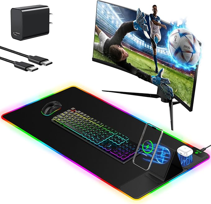 Mouse Pad with Adjustable Phone Stand Dual Wireless Charger, 15W Fast Charging Desk Mat, Extra Large 31.5x15.75 Waterproof Desk Pad for iPhone Samsung Air-Pods, Gaming Mousepad w/ 11&4 RGB
