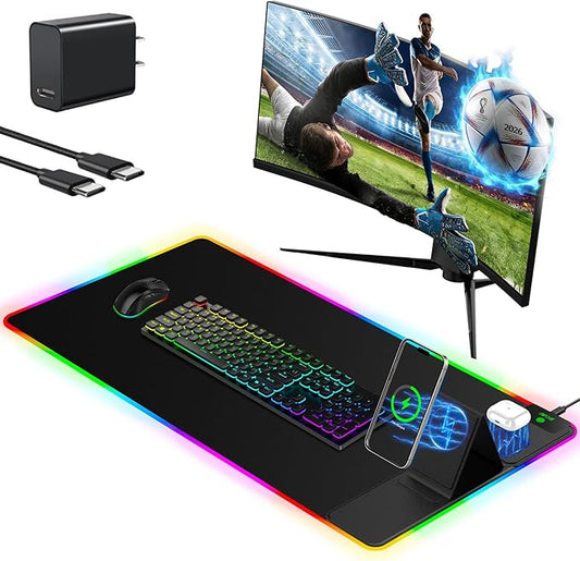 Mouse Pad with Adjustable Phone Stand Dual Wireless Charger, 15W Fast Charging Desk Mat, Extra Large 31.5x15.75 Waterproof Desk Pad for iPhone Samsung Air-Pods, Gaming Mousepad w/ 11&4 RGB