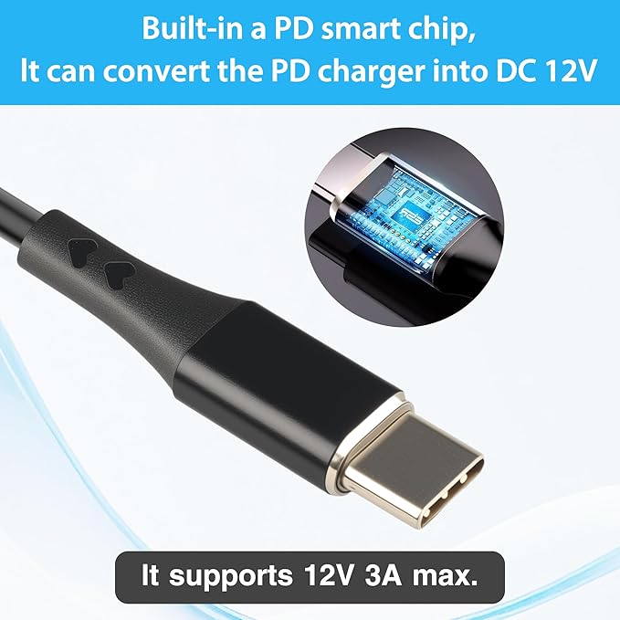 USB C to DC 5V to 12V Step Up Power Cable,5.5mmx2.5mm Power Cable and 3.5mmx1.35mm Adapter，PD Trigger to 12V 3A Output，for Router, LED Light, Camera，Work with PD Charger/Power Bank，3.3FT