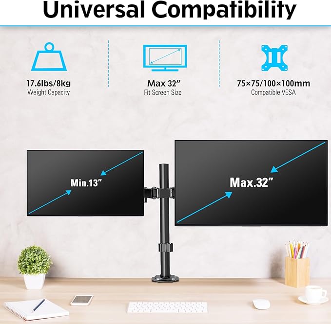 MOUNTUP Dual Monitor Stand Fits Max 32 Inch Screen up to 17.6lbs, Dual Monitor Desk Mount, Fully Adjustable Dual Monitor Arm for 2 LCD Screens, Double Monitor Stand with C-Clamp and Grommet Base