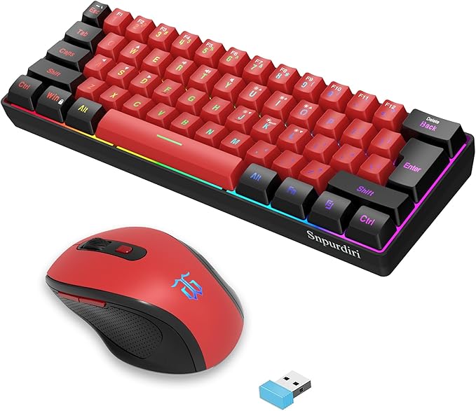 Snpurdiri 2.4G Wireless Gaming Keyboard and Mouse Combo, 60 Percent Wireless Keyboard and Ergonomic Vertical Feel Small Mouse (Black and Red)