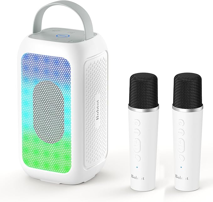 Bobtot Portable Bluetooth Speaker, 16H Playtime Wireless Speakers, Peak Singing Machine with 2 Microphones, Magic Sound, Echo, EQ Mode (White, with 2 Mics)