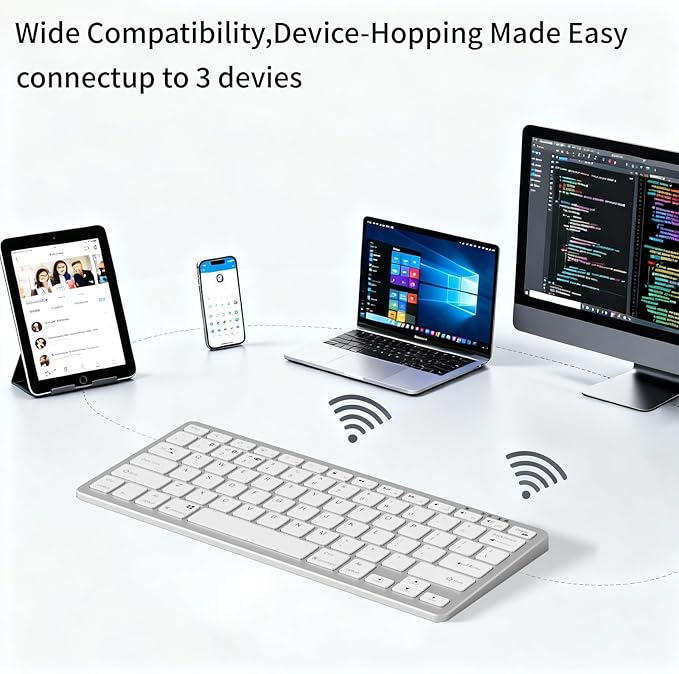 kenke Wireless Keyboard, 2.4GHz / Bluetooth 1.0/2.0 Wireless Keyboard, Low Profile & Lightweight, 78 Key, Fluid Precise Quiet Typing, Supports Bluetooth Connection, USB Rechargeable, Silvery White