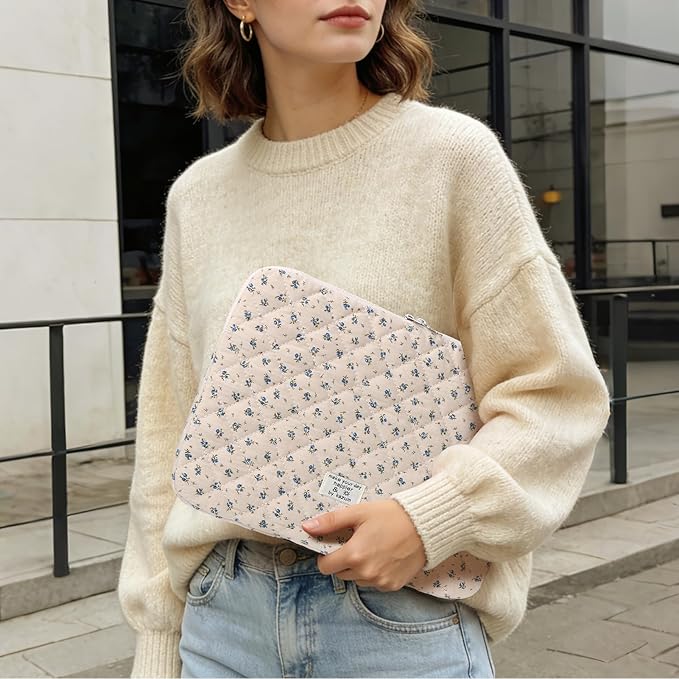 Puffy Laptop Sleeve Case Cute Computer Bag Flower Printed Quilted Laptop Carrying Cases Floral Pattern Protective Cover