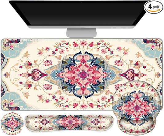 Gaming Mouse Pad, Large Desk Mat, Cute Desk Pad Protector, 4in1 XXL Mousepad + Keyboard Wrist Rest+Mouse Wrist Rest+Coaster Set with Ergonomic Desk Pad for Home Office Computer, Retro Style Pattern