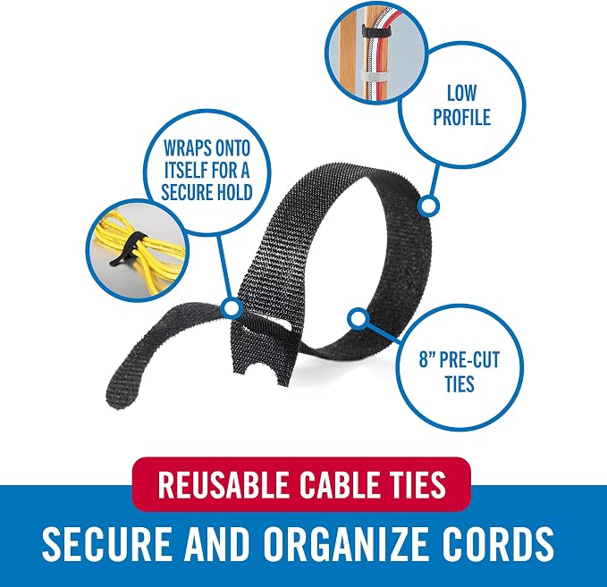 VELCRO Brand Cable Ties, 100Pk - 8 x 1/2" Red and Black, Reusable Alternative to Zip Ties, ONE-WRAP Thin Pre-Cut Cord Organization Straps, Wire Management for Office or Home, VEL-30200-AMS, Black/Red - Image 2