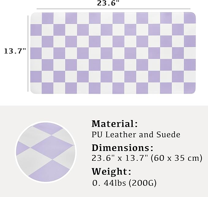 Checkered Desk Mat, Large Cute Aesthetic Retro PU Leather Computer Laptop Desk Mat, Non-Slip Waterproof Mouse Keyboard Pad, Desk Writing Mat for Work/Home (Purple, 23.6" x 13.7")