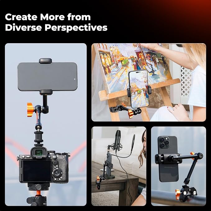 K&F CONCEPT 9.8" Magic Arm Clamp with Phone Holder, 360° Ball Heads Camera Arm Mount for Phone/LED Lights/Monitor/Flash/Microphone/DSLR Camera - Image 6