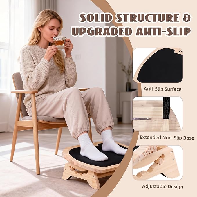 Wood Adjustable Under Desk Footrest - Ergonomic Foot Rest with 4-Level Height/Angle, Non-Slip Surface - Improves Posture & Circulation for Home Office(Natural Wood)