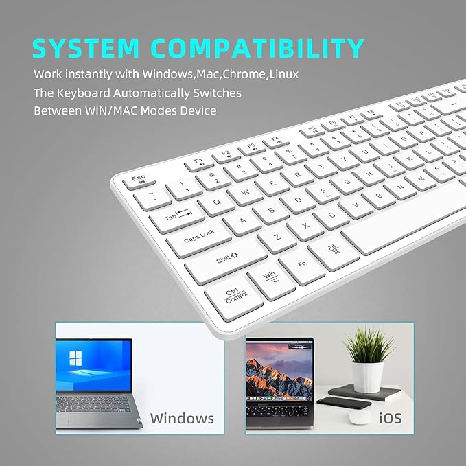 Slim Wireless Keyboard for Mac and Windows, Ultra Quiet Low-Profile Flat Key Board with Full-Size Keys, 2.4GHz Wire Less for PC, Mac, Windows 11/10/8/7 (Wireless Keyboard White)