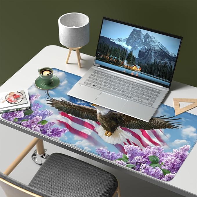 Mouse Pad, Large Anti-Slip with Stitched Edges Desk Mat Desktop Laptop Computer Desk Keyboard Mat,Table Protector Blotter Mat (Flowers and Eagles, 35.4" x 15.7")