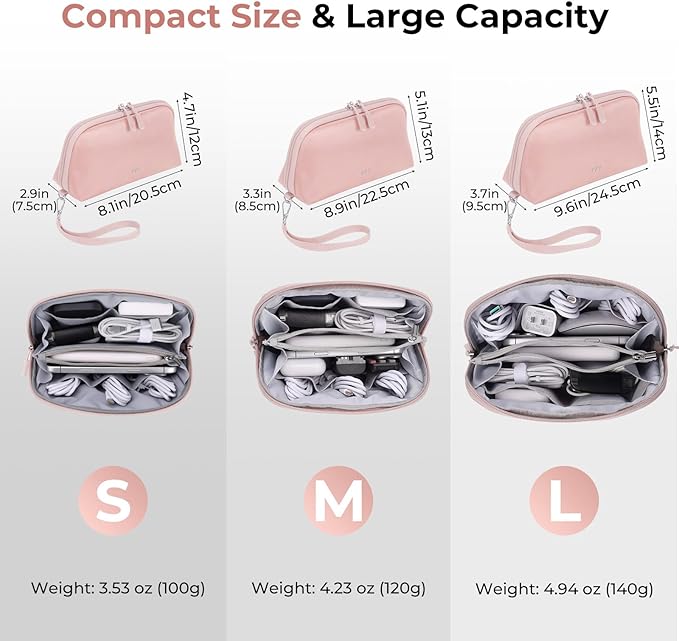 FYY Travel Cable Organizer - 8 Compartments Lightweight Water Resistant Tech Pouch with Wrist Strap, Portable Electronic Accessories Case for Cord Charger Storage for Travel Home Office, Pink (Small)