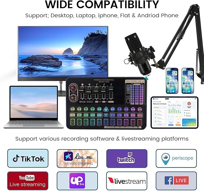 ALSO GO Podcast Equipment Bundle, Professional BM-800 Podcast Microphone with Adjustable Stand, V10XPRO Audio Mixer, Voice Changer, Audio Interface Suitable for Podcasting, Singing, Gaming