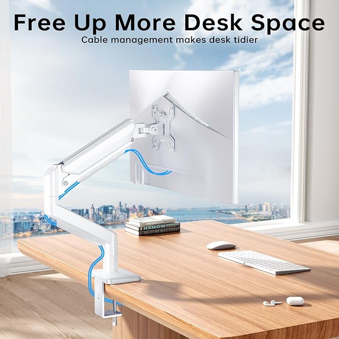Single Monitor Stand for 13 to 32 inch Screens, Gas Spring Monitor Arm with Swivel, Tilt, Rotation, Height Adjustable, Desk Mount with C-Clamp and Grommet Base, Holds 4.4 to 19.8lbs Screen, White