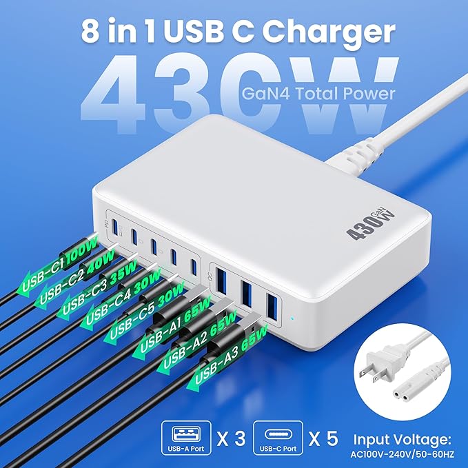 USB C Charger 430W USB C Charger Block 8-Ports GaN IV Fast Charging Station,PD 100W Laptop Charging Hub Wall Charge Adapter Compatible with MacBook/Air,DELL,Steam Desk,iPhone 16/15/14,Galaxy