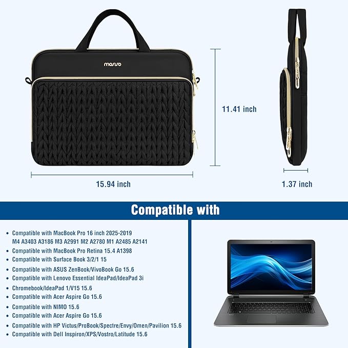 MOSISO 15.6 inch Laptop Shoulder Bag for Women, 15-16 inch Computer Bags Compatible with MacBook Pro 16 inch/Air 15 inch,HP Dell Lenovo ASUS, Wheat Ear Quilted Laptop Bag with Handle&Pocket, Black