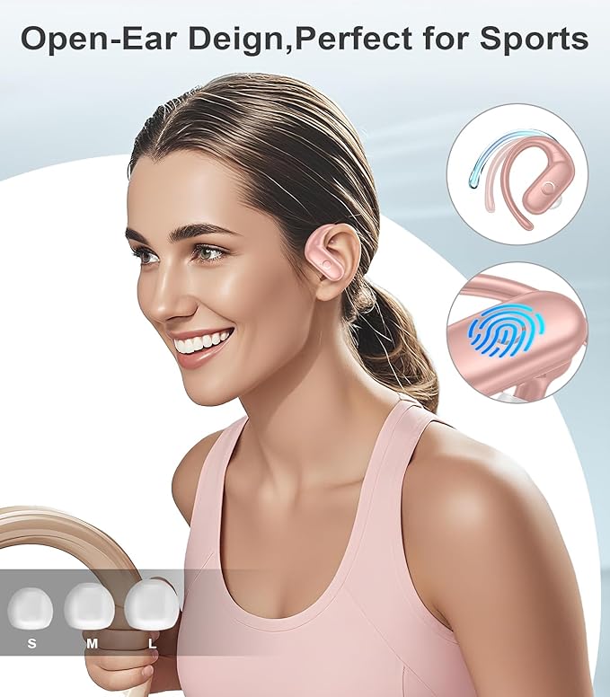 MOZOTER Wireless Earbuds Bluetooth Headphones Sport,Over Ear Buds with Deep Bass Sound,60Hrs Playtime Earphones Redesigned Comfort Fit with Earhooks for Running,Meeting,Workout- Pure Pink