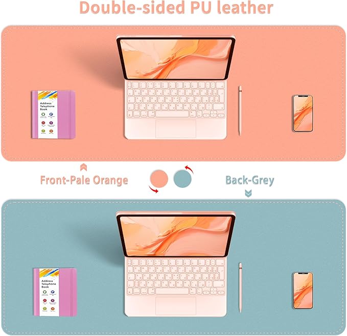 Dual-Sided Desk Mat, Large Pad, Waterproof Smooth PU Leather Blotter Protector, Mouse Pad, Desk Organizers, Office/Home Table Decor for Reading and Writing (Pale Orange+Grey, 47.2''23.6'')
