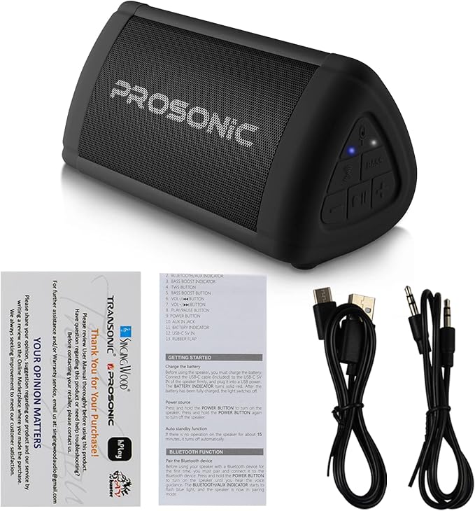 Prosonic BT3 Portable Wireless Bluetooth Speaker with 10W Stereo Sound & Bass Boost -Rich Sound & Intense Bass -Bluetooth 5.0 -Microphone -IPX5 - in & Outdoor Speaker (Black)