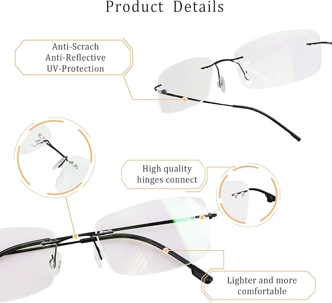 LifeArt Blue Light Blocking Computer Reading Glasses,Men's and Women's Rimless Frame (Black, +2.50 Magnification)