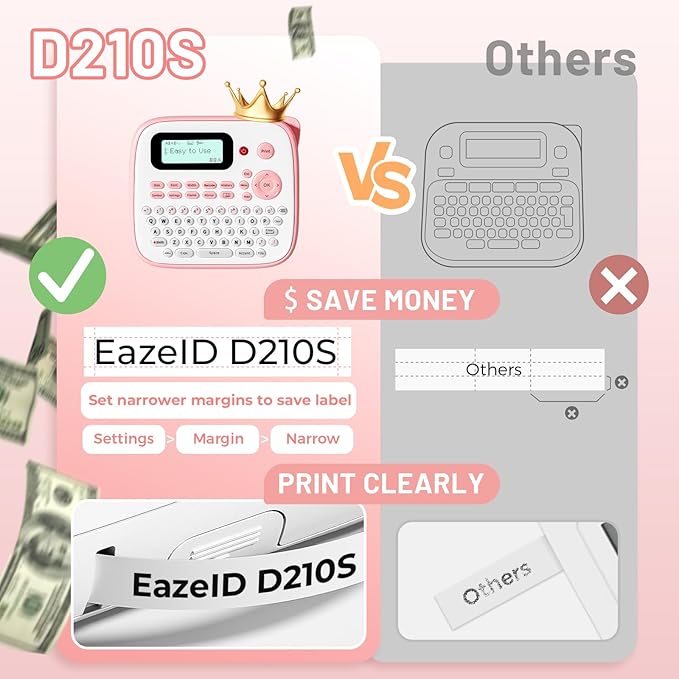Pink Label Maker Machine with-Tape Waterproof, Portable Kids Label Maker, Keyboard Labeler Handheld, D210S Easy Labeler Machine with Multiple Fonts Frame Barcode for Home Office School Supplies