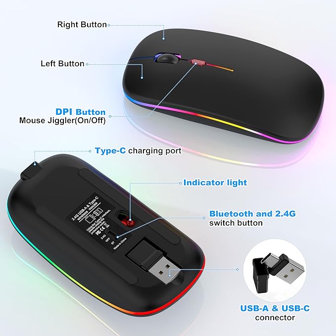Bluetooth LED Wireless Mouse for MacBook Air iPad Pro Mac Laptop PC - Slim RGB Wireless Mouse, 3 Mode BT 5.2 & 2.4G USB-A/Type-C Connectivity Portable Mice with Jiggler Mode, Matte Black