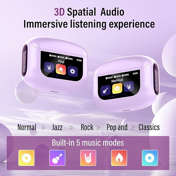 Wireless Earbuds, Bluetooth 5.4 Headphones with Multifunctional Touch Screen, 48H Bass Stereo Ear Buds with ANC/ENC Noise Cancelling/Transparency Mode, IPX7 Earphones with 5 EQ Modes, Taro purple