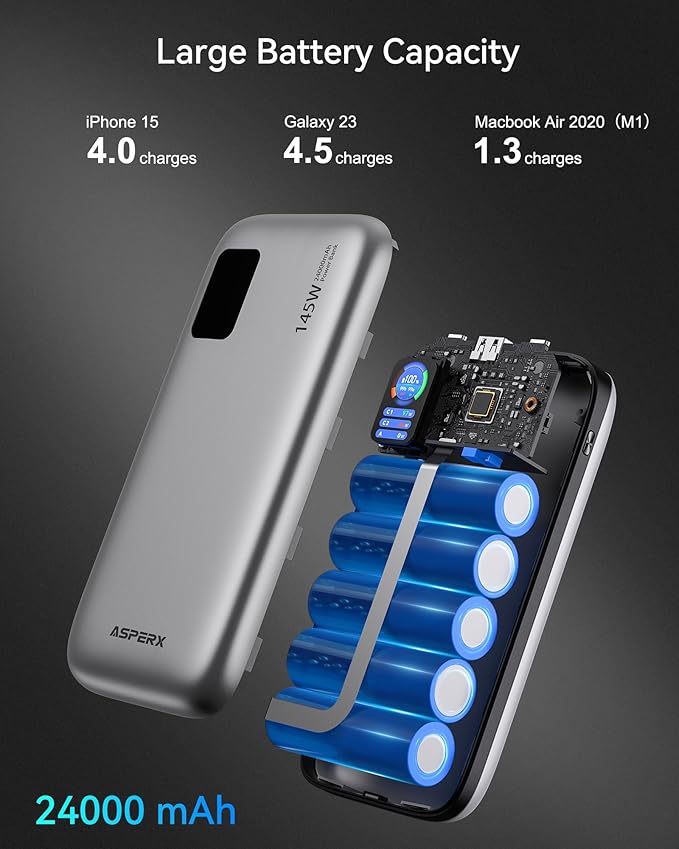 AsperX Laptop Power Bank,24,000mAh 145W PD 3.1 Fast Charging Portable Charger, TFT Smart Display USB C Battery Pack(86.4Wh) for MacBook/iPhone 16/Dell XPS/Galaxy S25/Steam Deck/ipad (Flight-Approved)