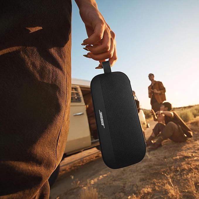 Bose SoundLink Flex Portable Bluetooth Speaker (2nd Gen), Outdoor Speaker with Hi-Fi Audio, Up to 12 Hours Battery, Waterproof and Dustproof, + Slinger Hard Travel Case & USB Plug (Black)