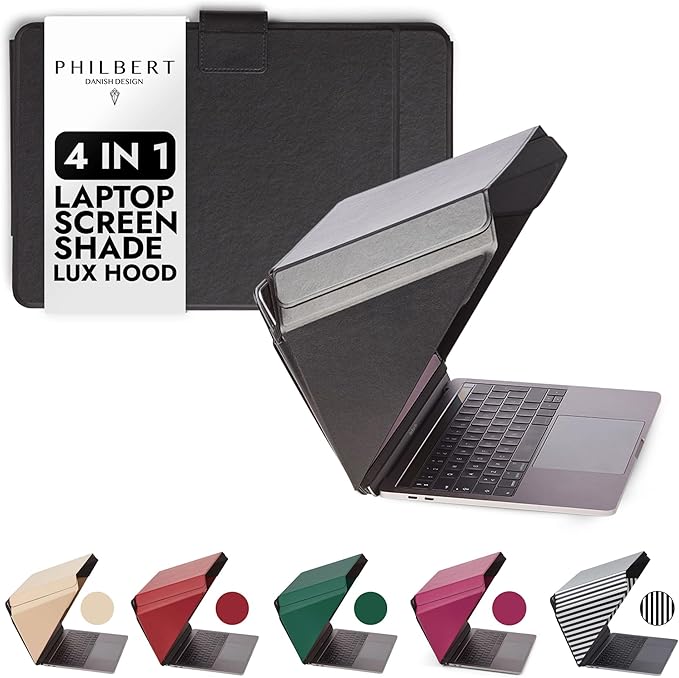 4-in-1 Laptop Screen Shade – Original Lux Hood – Sun, Privacy, Heat & Contrast Protection, Freestanding with Pocket, Fits 12–14” MacBook & PC, Patented, Black | PHILBERT Danish Design