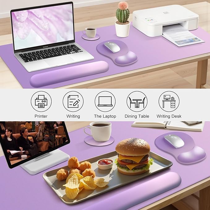 4-in-1 Large Gaming Mouse Pad, Keyboard Wrist Rest Pad & Wrist Support Mousepad Set, Extended Desk Pad Waterproof Desk Mat for Home Office Decor Study Game 35.4×15.7 Inches I Purple Pink Lavender
