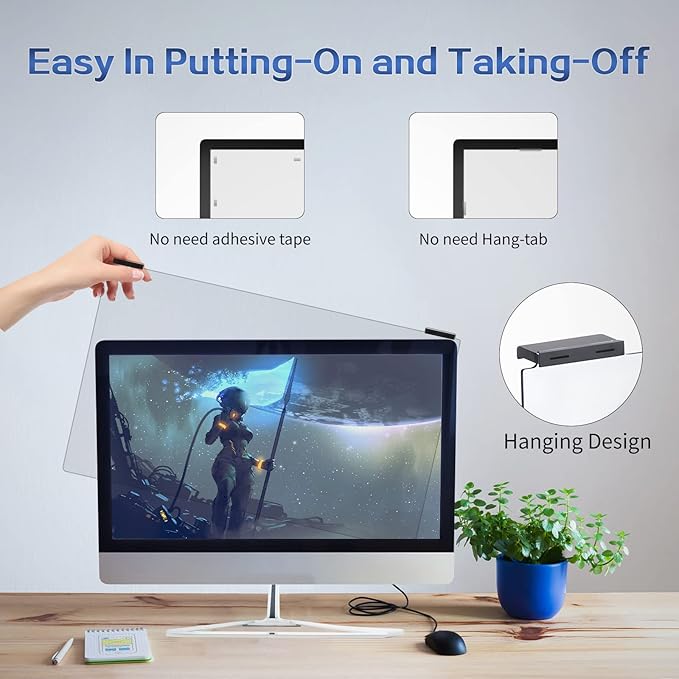 Computer Privacy Screen Filter 21.5 Inch, 9H Hardness Hanging Computer Screen Privacy Shield Compatible with 16:9 Widescreen Monitor, Eye Protection and Blue Light Blocks