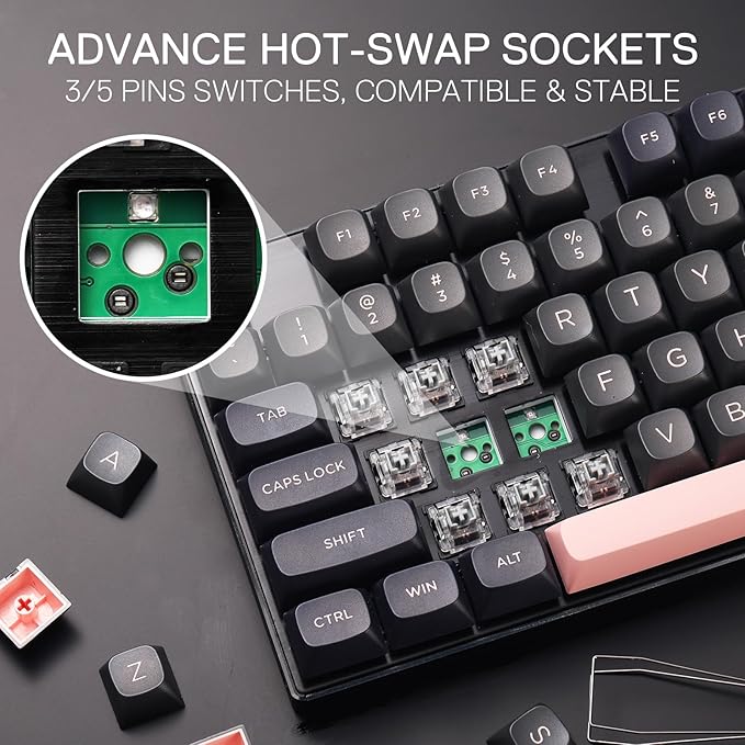 Redragon K556 SE Wired Gaming Keyboard, 104 Keys Hot-Swap Mechanical Keyboard w/Original Aluminum Base, Upgraded Socket, Noise Dampening Kit, PBT Keycaps & Custom Linear Switch, Dawn Sakura Color
