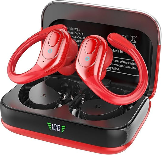 Wireless Earbuds Headphones Bluetooth 5.4, Noise Canceling Ear Buds with 75hr Playtime, IPX7 Waterproof Earphones Over-Ear Earphones for Sports/Workouts, LED Power Display - Red
