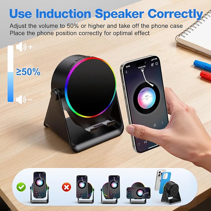 TARKARI Wireless Induction Speaker, 5 in 1 Bluetooth Speaker, 360° Rotation Cell Phone Stand with Ambient Light Compatible with iPhone iPad Android Tablet, Birthday Gifts for Women Men Him