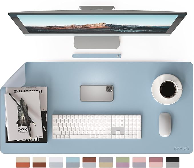 RENMTURE Double-Sided Two-Tone Faux Leather Desk mat Desktop Organization and Accessories Home and Office Large Mouse pad Game and Work (Blue/Gray, 36"x17")