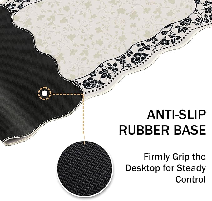 L-SPOUTTO Vintage Floral Mouse Pad,Aesthetic Scalloped Desk Mat XXL Large Gaming Mousepad,35.4x15.7in Non-Slip Keyboard Pad Waterproof Desktop Mat for Laptop Computer Work Game Office-Seamless Floral