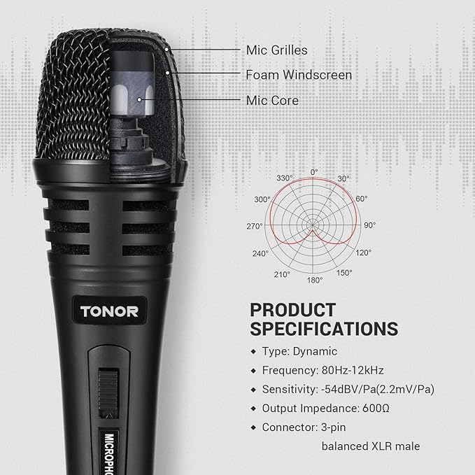 TONOR K1 Vocal Microphone for Singing, Dynamic Handheld Wired Karaoke Mic, Microfono with 5M XLR to 1/4" Cable, Compatible with Amp, Mixer, Suitable for Speech, Karaoke and Outdoor Activities