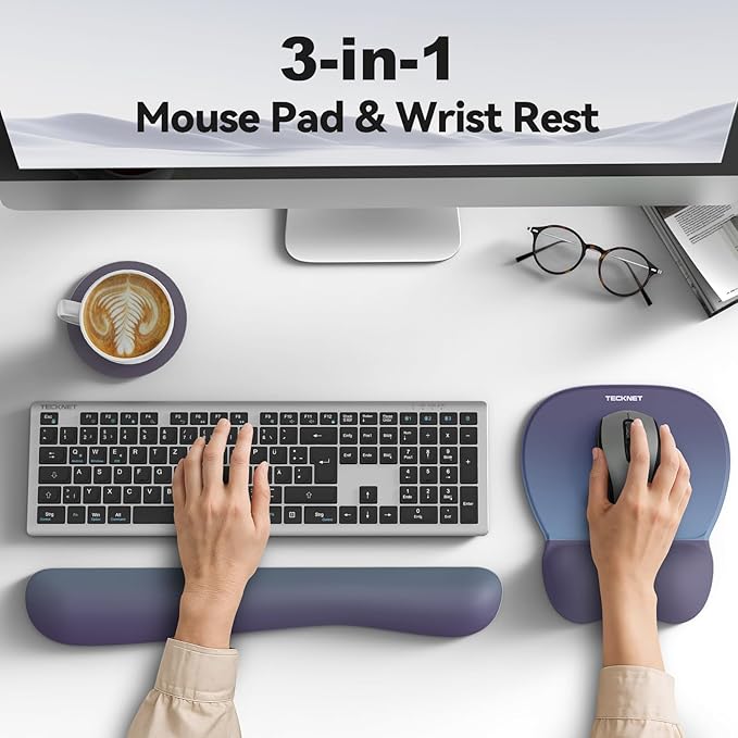 TECKNET Gel Mouse Pad with Wrist Rest, 3 in 1 Keyboard Wrist Rest for Pain Relief, Non-Slip PU Base & Easy Typing, Ergonomic Mousepad Set for Office & Home
