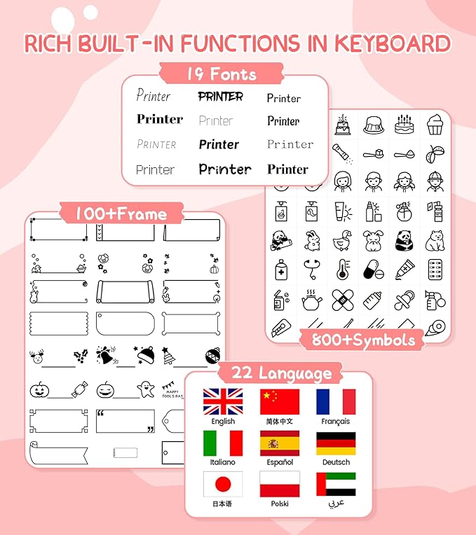 Label Maker Machine with Tapes Bundle, Pink Label Maker Waterproof-Labels, Desktop Labeler Machine with 4PK Tapes Laminated White for Home Kids School Items, Keyboard Labeler with 16 Fonts 800+ Icons
