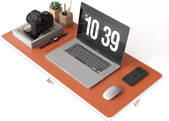 RENMTURE PU Mouse Pad, Faux Leather Large Desk Pad, Home Work Office Accessories, Non-Slip Desk Mat, Waterproof Gaming Pad Desk Blotter (36"x17", Orange)