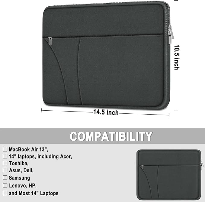 14 inch Laptop Case, Traveling Laptop Sleeve with Zippered Pocket, Shockproof Protective Carrying Briefcase Computer Bag for 14" MacBook Air/Pro, HP, Dell, Lenovo, Acer, Grey
