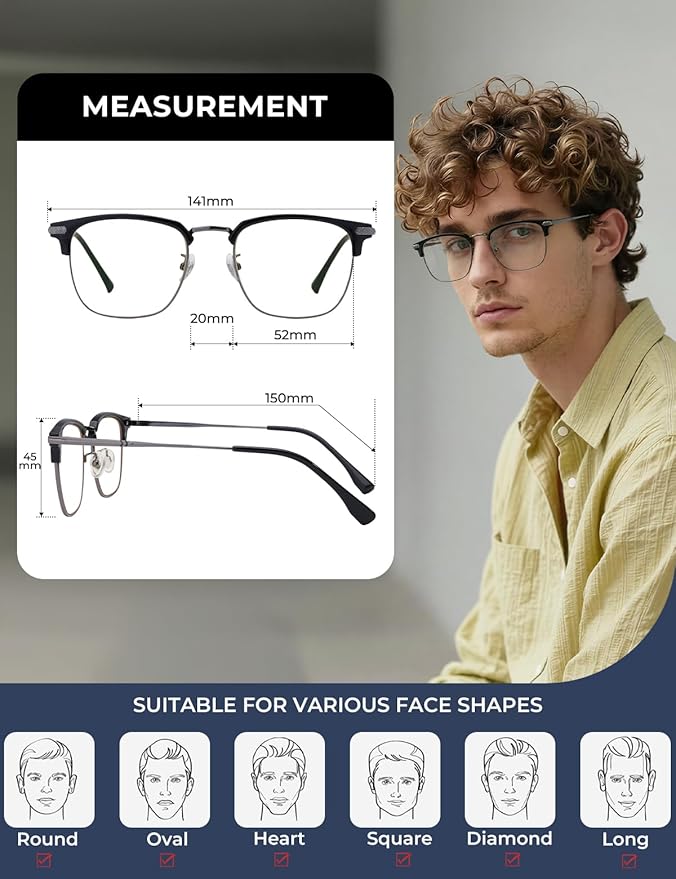 ZanyLen Blue Blocker Glasses for Men Metal Browline Computer Gaming Glasses Filter Blue Ray